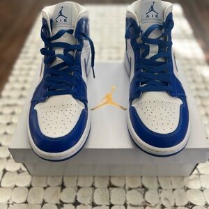 Women’s Air Jordan 1 Mid Hyper Royal and White Sneakers